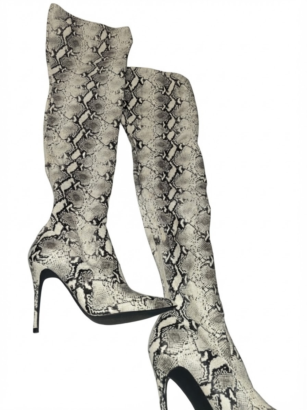 Snake-Print Over-the-Knee Stiletto Boots - Black & White